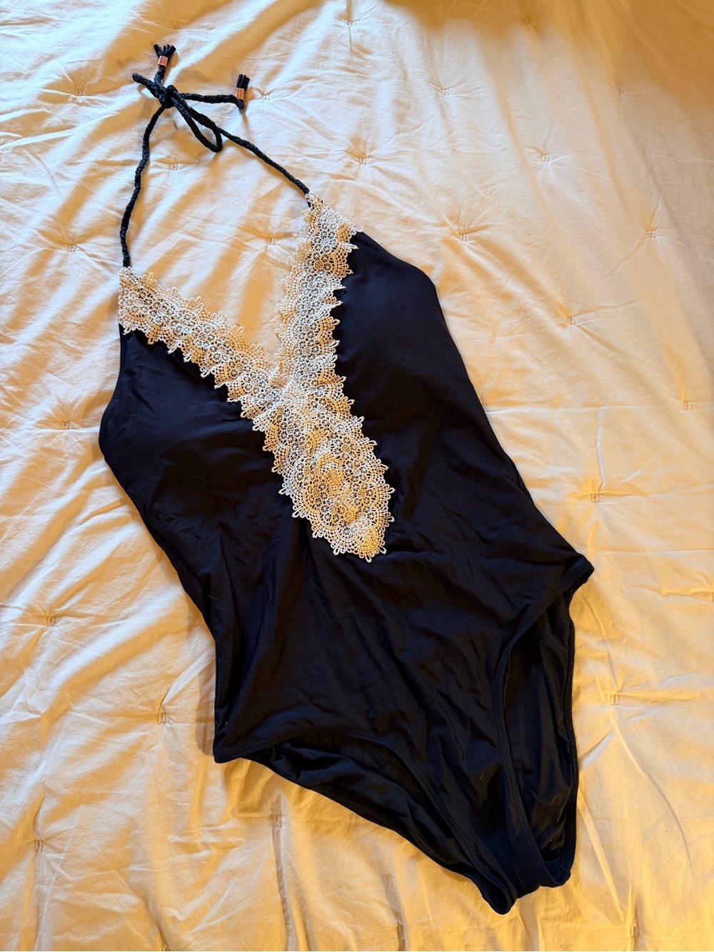 Anthropologie Black Lace Halter One Piece Swimsuit Large